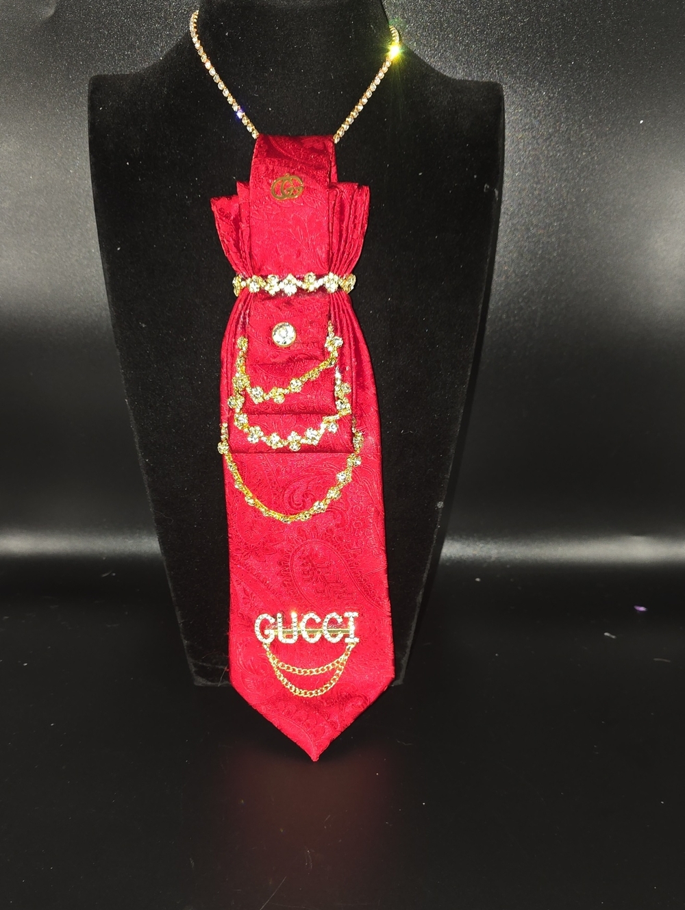 Stunning RED Tie Necklace with Gold Crystal Chains